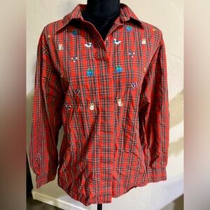 Foxcroft Red and Green Plaid Women’s Shirt with Cottage Core Embroidery. Size 12